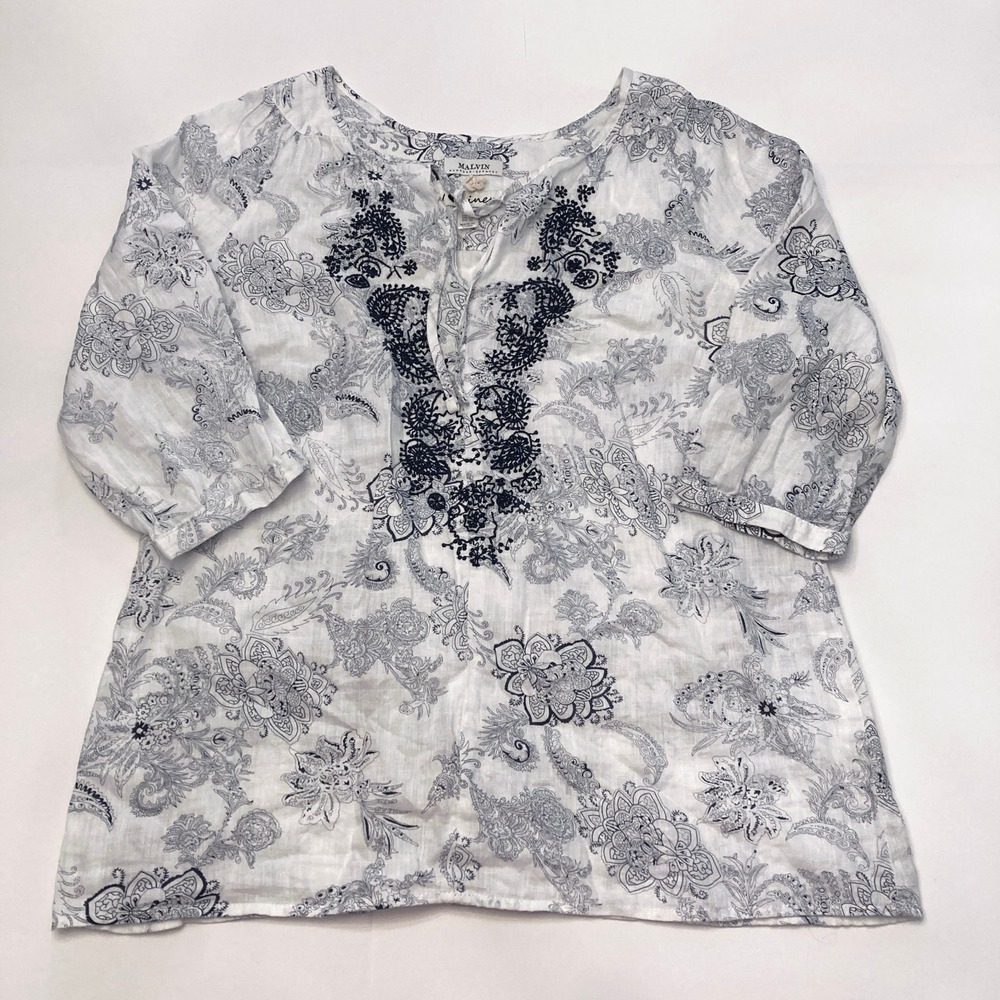 Malvin I Love Linen Top Womens Large 10 White Blue Embroidered Boho‎ 3/4 Sleeve